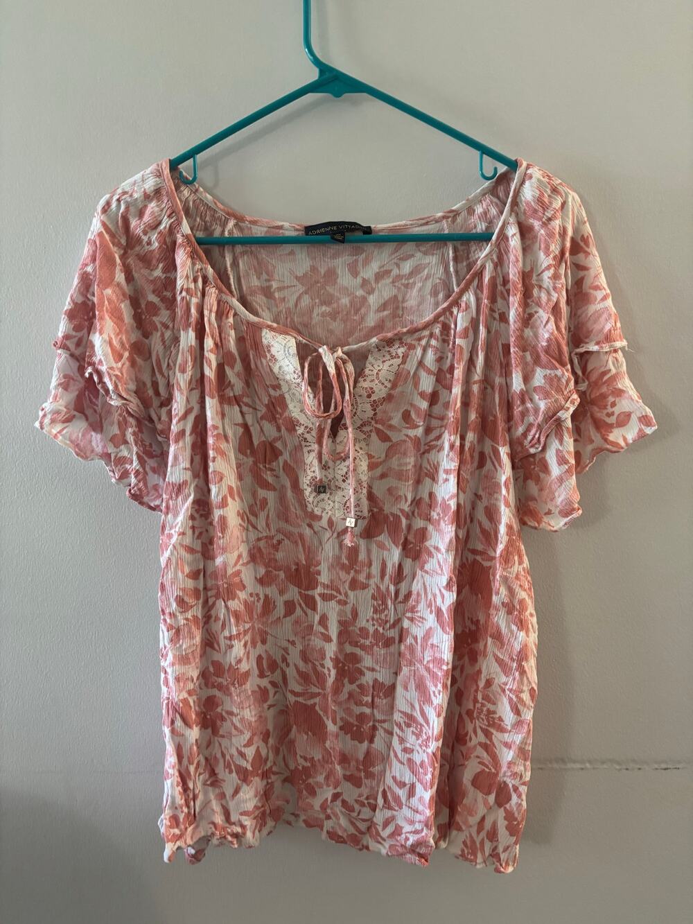 Adrienne Vittadini Womens Floral Blouse Size 2X Pink Cottagecore Boho Peasant